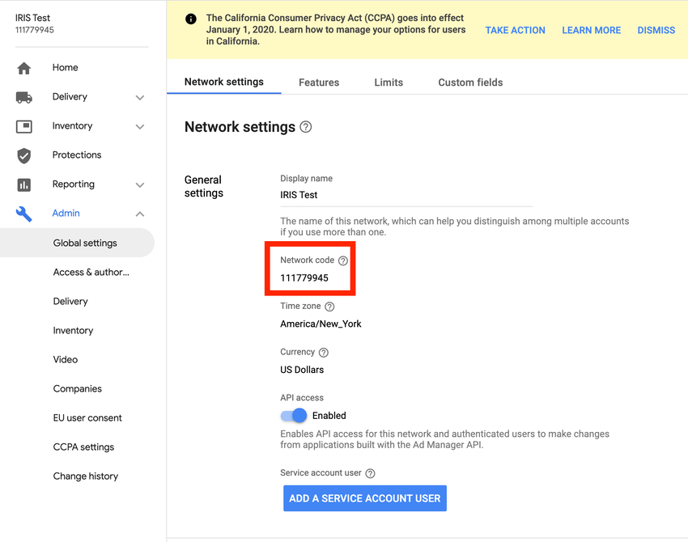 GAM IRIS.TV Reporting Network Code